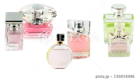 Elegant Fragrance Bottles on White Background 130858986