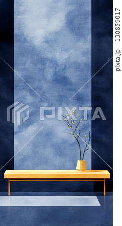 Bright minimalist interior with blue wall and wooden bench showcasing simple decor 130859017