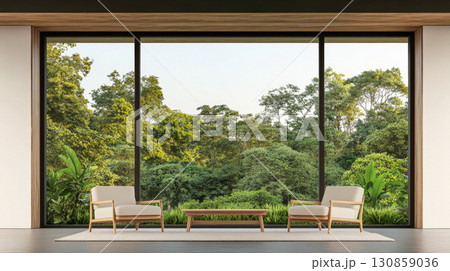 Modern indoor seating area with a view of lush green trees during daylight Modern indoor seating area with a view of lush green trees during daylight 130859036