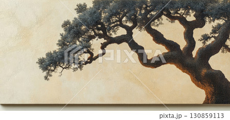 Artistic depiction of a silhouette of a tree against a warm background during twilight hours 130859113