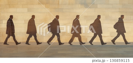 People walking along a textured wall during sunset, changing postures in sequential phases 130859115