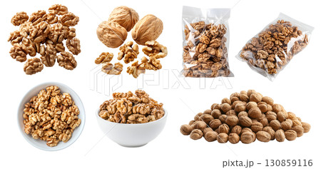 Walnut walnuts nut drupe seed fruit, many angles view pile top heap bowl stack, shell, packet package foil, shell husk isolated on transparent background cutout, PNG. Mockup template Walnut walnuts nut drupe seed fruit, many angles view pile top heap bowl stack, shell, packet package foil, shell husk isolated on transparent background cutout, PNG. Mockup template 130859116