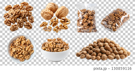 Walnut walnuts nut drupe seed fruit, many angles view pile top heap bowl stack, shell, packet package foil, shell husk isolated on transparent background cutout, PNG. Mockup template Walnut walnuts nut drupe seed fruit, many angles view pile top heap bowl stack, shell, packet package foil, shell husk isolated on transparent background cutout, PNG. Mockup template 130859116