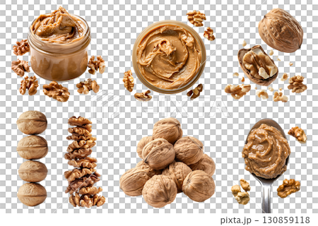 Walnut walnuts nut drupe seed fruit, many angles and view side top bowl spoon stack jar Butter spread, shell husk isolated on transparent background cutout, PNG. Mockup template Walnut walnuts nut drupe seed fruit, many angles and view side top bowl spoon stack jar Butter spread, shell husk isolated on transparent background cutout, PNG. Mockup template 130859118