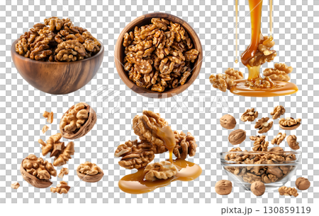 Walnut walnuts nut drupe seed fruit, many angles view side top pile bowl stack, caramel honey syrup, broken pieces, shell husk isolated on transparent background cutout PNG. Mockup Walnut walnuts nut drupe seed fruit, many angles view side top pile bowl stack, caramel honey syrup, broken pieces, shell husk isolated on transparent background cutout PNG. Mockup 130859119