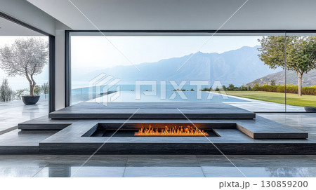 Modern living area features fireplace overlooking serene lake and mountains during daylight 130859200