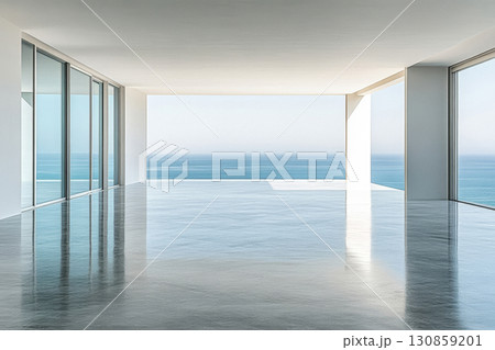 Modern minimalistic interior with panoramic ocean view during daylight 130859201