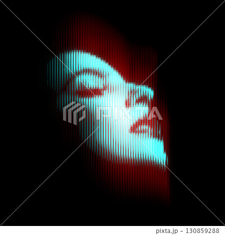 Woman portrait illustration in halftone black and white television screen pixels pattern Woman portrait illustration in halftone black and white television screen pixels pattern 130859288
