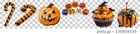 Collection of Halloween sweet candy cupcake cookie lollipop toffee apple on transparent cutout. PNG file. Many different design. Mockup template for artwork 130859330