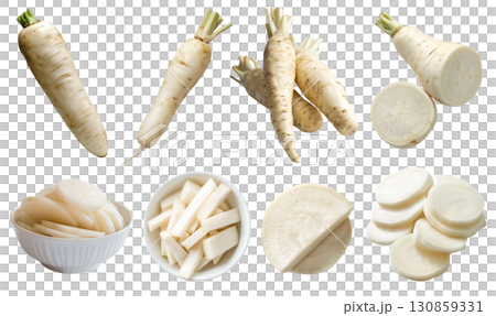 Daikon white chinese radish root vegetable, many angles and view side top front plate pile slice isolated on transparent background cutout, PNG file. Mockup template Daikon white chinese radish root vegetable, many angles and view side top front plate pile slice isolated on transparent background cutout, PNG file. Mockup template 130859331