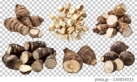 Taro eddo dasheen root vegetable, many angles and view side top front basket pile slice isolated on transparent background cutout, PNG file. Mockup template 130859333