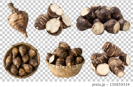 Taro eddo dasheen root vegetable, many angles and view side top front basket pile slice isolated on transparent background cutout, PNG file. Mockup Taro eddo dasheen root vegetable, many angles and view side top front basket pile slice isolated on transparent background cutout, PNG file. Mockup 130859334
