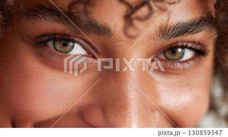 Close up of green eyes with curly hair and natural skin texture, human beauty, diversity and self-expression 130859347
