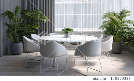Minimalist meeting room with white round table and modern chairs, contemporary office interior with green plants and natural light 130859387