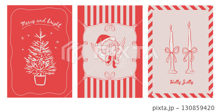 Set of hand drawn Merry Christmas cards in trendy coquette style. Girly winter posters. Angel, fir tree, candles with Bows, ribbons, festive elements, frames. Whimsical vector sketch illustrations 130859420