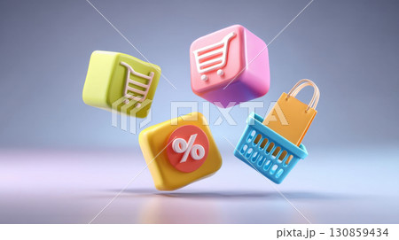 3D eCommerce icons with shopping cart, discount, basket and bag 3D eCommerce icons with shopping cart, discount, basket and bag 130859434