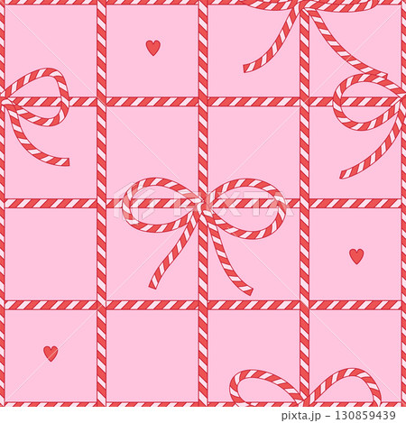 Christmas seamless pattern with White Red Rope Bow, Twine Color Ribbon and Tied Knot. Sweet coquette backdrop with candy cane vibe. Flat vector Design for fashion , fabric, textile, wrapping 130859439