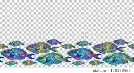 Seamless border of rainbow big tropical parrot fish on white background. Underwater sea view watercolor template for marine design, cards, posters, stickers, scrapbooking, textile, diving, snorkeling Seamless border of rainbow big tropical parrot fish on white background. Underwater sea view watercolor template for marine design, cards, posters, stickers, scrapbooking, textile, diving, snorkeling 130859566