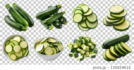 Zucchini courgette, baby marrow, summer squash vegetable fruit, many angles view side top front bowl slice cubes isolated on transparent cutout, PNG file. Mockup template 130859618