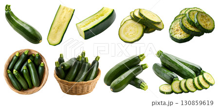 Zucchini courgette, baby marrow, summer squash vegetable fruit, many angles view side top front basket slice cut isolated on transparent cutout, PNG file. Mockup template 130859619