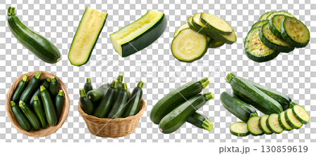 Zucchini courgette, baby marrow, summer squash vegetable fruit, many angles view side top front basket slice cut isolated on transparent cutout, PNG file. Mockup template 130859619