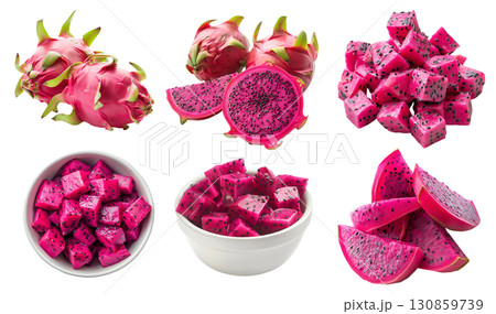 Purple red flesh Dragon fruit pitaya pitahaya fruit, many angles and view side front sliced halved cubes isolated on transparent background cutout, PNG file. Mockup template 130859739