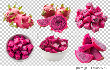 Purple red flesh Dragon fruit pitaya pitahaya fruit, many angles and view side front sliced halved cubes isolated on transparent background cutout, PNG file. Mockup template 130859739