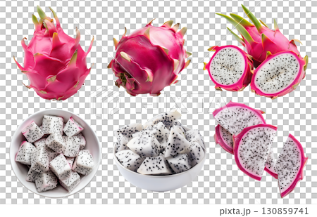 White flesh Dragon fruit pitaya pitahaya fruit, many angles and view side top front sliced halved group isolated on transparent background cutout, PNG file. Mockup template 130859741