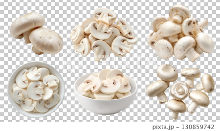White champignon button Agaricus bisporus mushroom fungus fungi vegetable, many angles and view side top front bowl slice isolated on transparent cutout, PNG file. Mockup template White champignon button Agaricus bisporus mushroom fungus fungi vegetable, many angles and view side top front bowl slice isolated on transparent cutout, PNG file. Mockup template 130859742