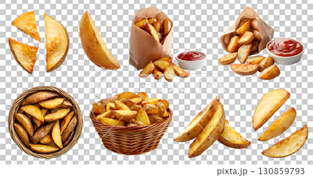 Potato wedges wedge slices, many angles and view side top front heap pile, paper wrap, basket, tomato ketchup, baked fried, seasoned on transparent cutout, PNG file. Mockup template Potato wedges wedge slices, many angles and view side top front heap pile, paper wrap, basket, tomato ketchup, baked fried, seasoned on transparent cutout, PNG file. Mockup template 130859793
