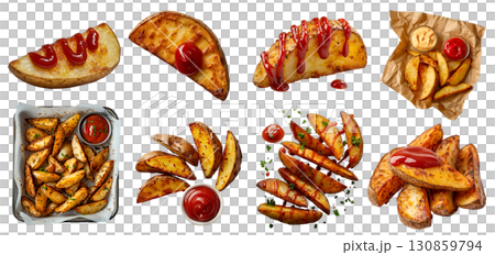 Potato wedges wedge slices, many angles and view side top front pile, food tray, paper wrap, tomato ketchup, baked fried, seasoned on transparent cutout, PNG file. Mockup template 130859794