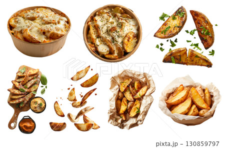 Potato wedges wedge slices, many angles and view side top front paper plate, wooden serving tray, baked fried, fly drop, seasoned on transparent cutout, PNG file. Mockup template 130859797