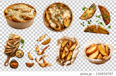 Potato wedges wedge slices, many angles and view side top front paper plate, wooden serving tray, baked fried, fly drop, seasoned on transparent cutout, PNG file. Mockup template 130859797