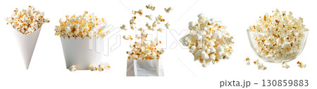 Popcorn corn kernel grains, many angles view pile, paper cone bucket bag, bowl dropping levitate flying scattered isolated on transparent cutout, PNG file. Mockup template Popcorn corn kernel grains, many angles view pile, paper cone bucket bag, bowl dropping levitate flying scattered isolated on transparent cutout, PNG file. Mockup template 130859883