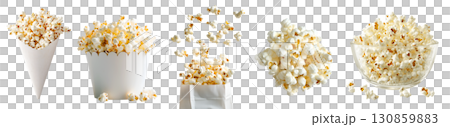 Popcorn corn kernel grains, many angles view pile, paper cone bucket bag, bowl dropping levitate flying scattered isolated on transparent cutout, PNG file. Mockup template Popcorn corn kernel grains, many angles view pile, paper cone bucket bag, bowl dropping levitate flying scattered isolated on transparent cutout, PNG file. Mockup template 130859883
