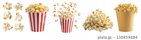 Popcorn corn kernel grains, many angles view pile, stripe red white, yellow bucket dropping levitate flying scattered isolated on transparent cutout, PNG file. Mockup template 130859884
