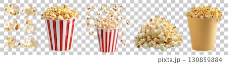 Popcorn corn kernel grains, many angles view pile, stripe red white, yellow bucket dropping levitate flying scattered isolated on transparent cutout, PNG file. Mockup template 130859884