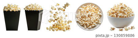 Popcorn corn kernel grains, many angles view pile, paper container bag, white bowl, dropping levitate flying scattered isolated on transparent cutout, PNG file. Mockup template 130859886