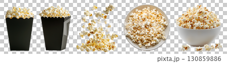 Popcorn corn kernel grains, many angles view pile, paper container bag, white bowl, dropping levitate flying scattered isolated on transparent cutout, PNG file. Mockup template 130859886