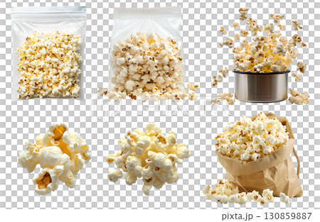 Popcorn corn kernel grains, many angles view pile, ziplock sealed bag, stovetop, burlap sack, levitate flying scattered isolated on transparent cutout, PNG file. Mockup template 130859887