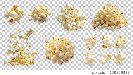 Popcorn corn kernel grains, many angles view pile heap, levitate flying scattered isolated on transparent background cutout, PNG file. Mockup template 130859888