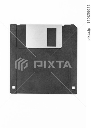 Black floppy disk on white background 130859931