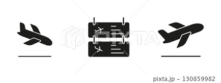 Airplane Departure and Arrival With Flight Display Solid Icon Set. Aircraft Takeoff, Landing, and Airport Schedule Board in Filled Style Symbol Collection. Isolated Vector Illustration Airplane Departure and Arrival With Flight Display Solid Icon Set. Aircraft Takeoff, Landing, and Airport Schedule Board in Filled Style Symbol Collection. Isolated Vector Illustration 130859982