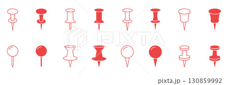 Push Pin And Thumbtack Line And Solid Icon Set. Office And Organization Tool Outline And Silhouette Symbol Collection. Stationery And Notice Board Essentials. Isolated Vector Illustration 130859992
