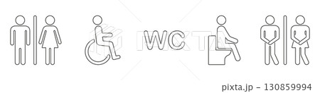 Restroom And Wc Sign Line Icon Set. Gender, Accessibility and Urgency Symbols Collection. Public Toilet, Male And Female, Wheelchair Accessible Icons. Editable Stroke. Isolated Vector Illustration 130859994