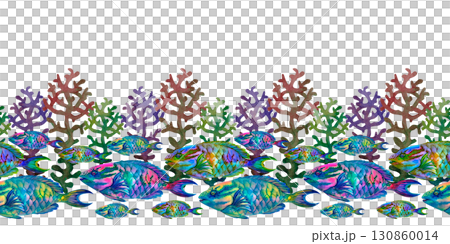 Seamless border of neon tropical parrot fish, rainbow corals on white background. Underwater watercolor template for marine design, cards, posters, stickers, scrapbooking, textile, diving, snorkeling 130860014