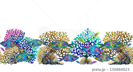 Seamless border of neon tropical parrot fish, rainbow corals on white background. Underwater watercolor template for marine design, cards, posters, stickers, scrapbooking, textile, diving, snorkeling Seamless border of neon tropical parrot fish, rainbow corals on white background. Underwater watercolor template for marine design, cards, posters, stickers, scrapbooking, textile, diving, snorkeling 130860025