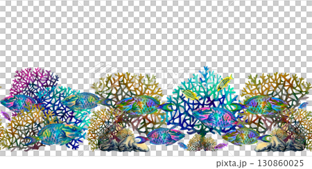 Seamless border of neon tropical parrot fish, rainbow corals on white background. Underwater watercolor template for marine design, cards, posters, stickers, scrapbooking, textile, diving, snorkeling Seamless border of neon tropical parrot fish, rainbow corals on white background. Underwater watercolor template for marine design, cards, posters, stickers, scrapbooking, textile, diving, snorkeling 130860025