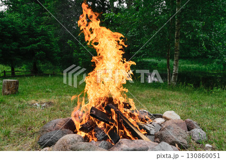 Burning bonfire with in round fireplace from stones in the nature 130860051