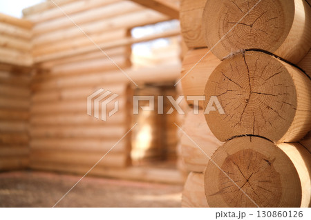 Construction of a house from rounded logs. Ecological house. High quality photo Construction of a house from rounded logs. Ecological house. High quality photo 130860126
